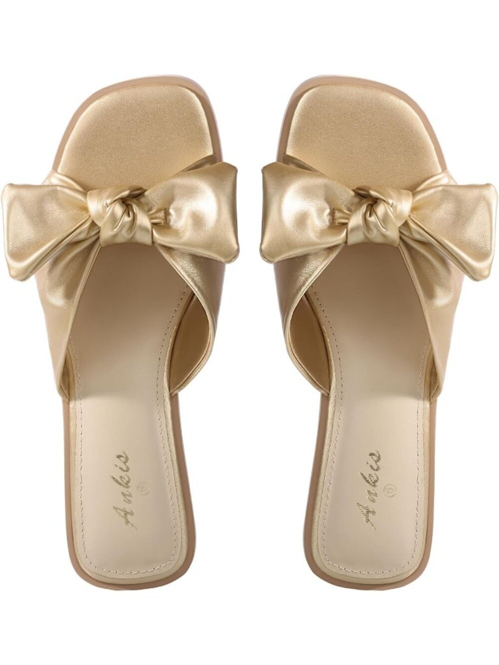 Women's Gold Bow Flat Square Open Toe Comfortable Slip On Slide Shoes Slippers